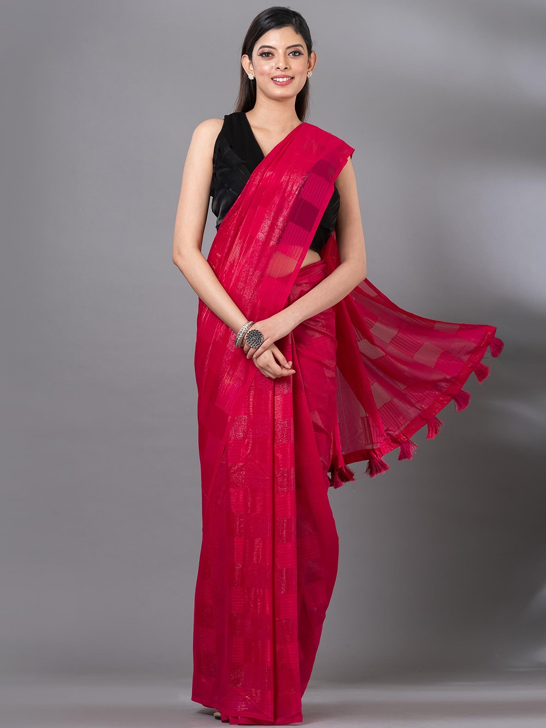 MAHALASA Checked Striped Organza Saree, Maroon
