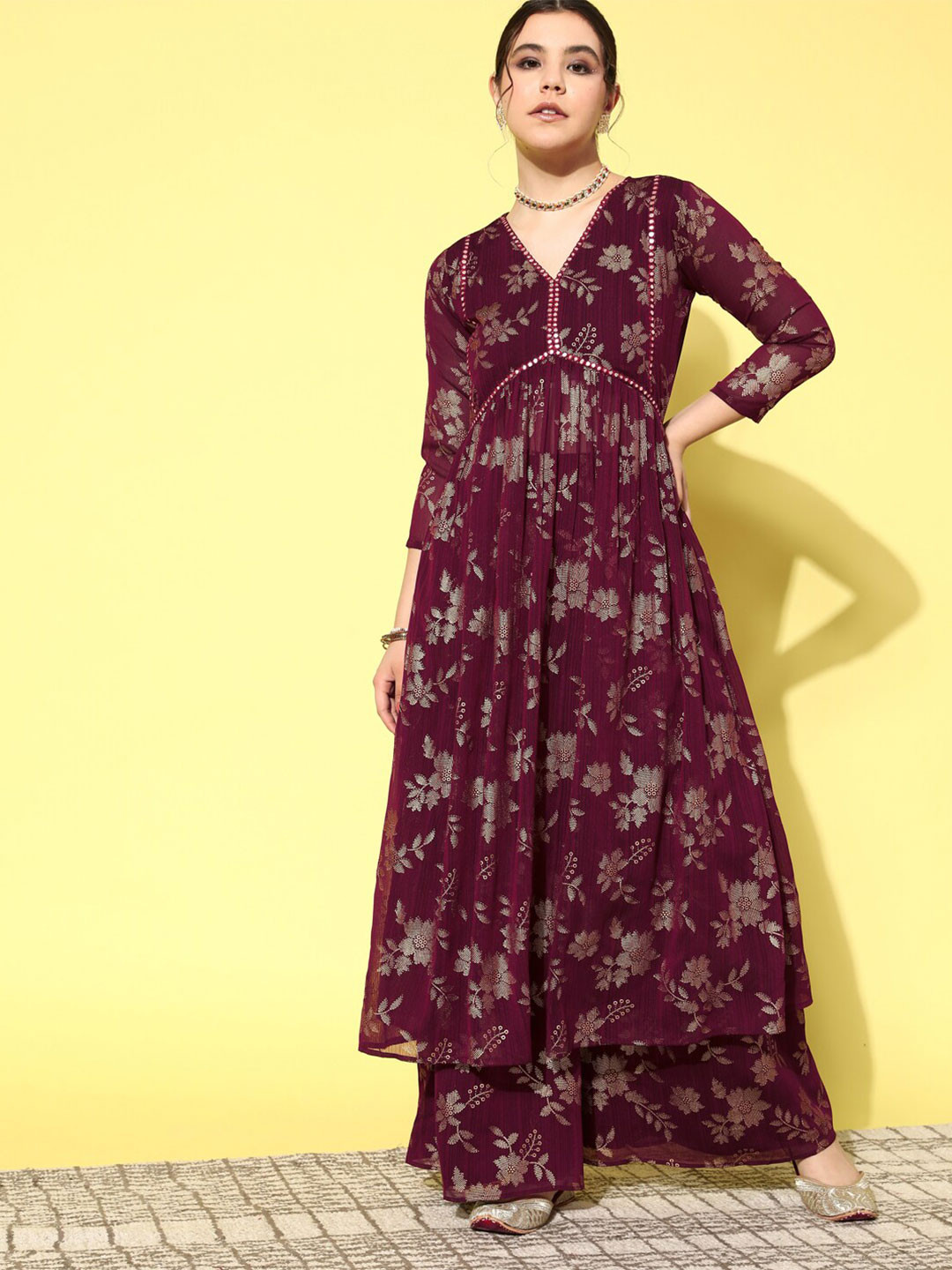 Sangria Floral Foil Printed Poly Georgette V-Neck A-Line Flared Kurta With Palazzos, Maroon
Sangria Floral Foil Printed Poly Georgette V-Neck A-Line Flared Kurta With Palazzos, Maroon