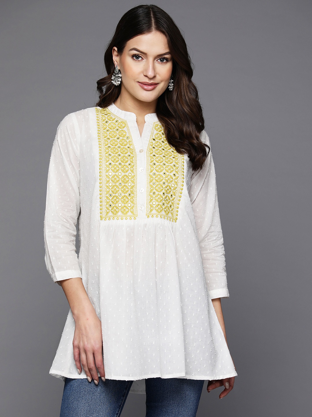 Indo Era Navy Embellished Embroidered Mandarin Collar Cotton Longline Fusion Top, White
Indo Era Navy Embellished Embroidered Mandarin Collar Cotton Longline Fusion Top, White