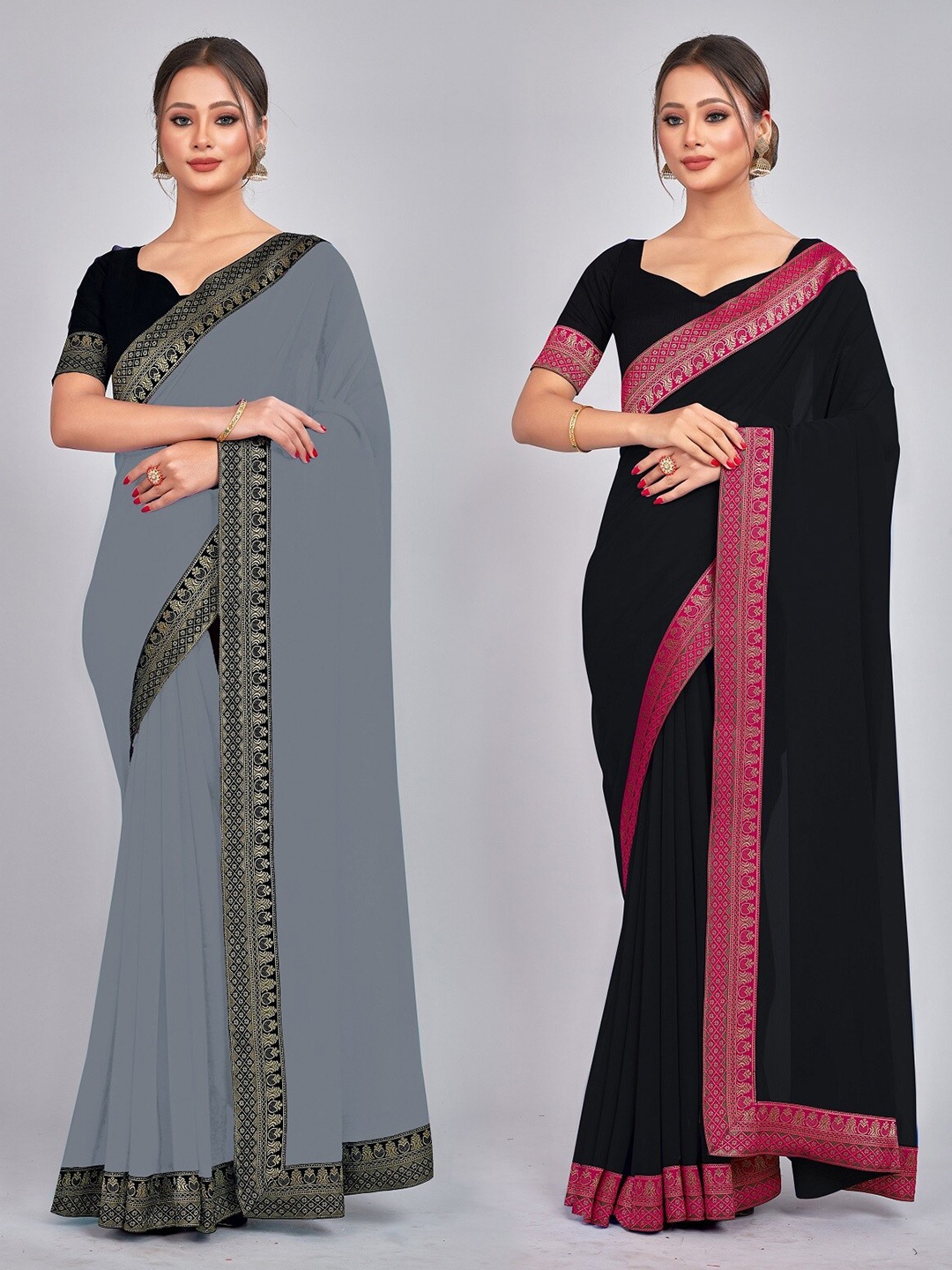 CastilloFab Zari Pure Georgette Saree, Grey
