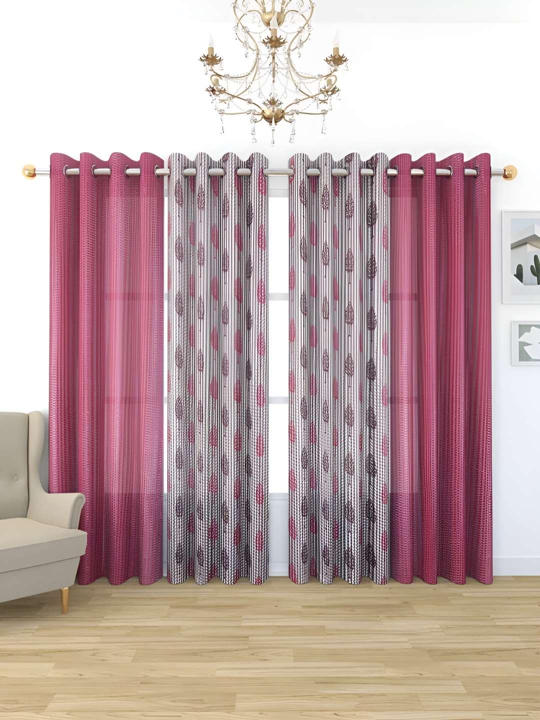 stuffique Pink & Grey 4 Pieces Floral Printed Sheer Long Door Curtains