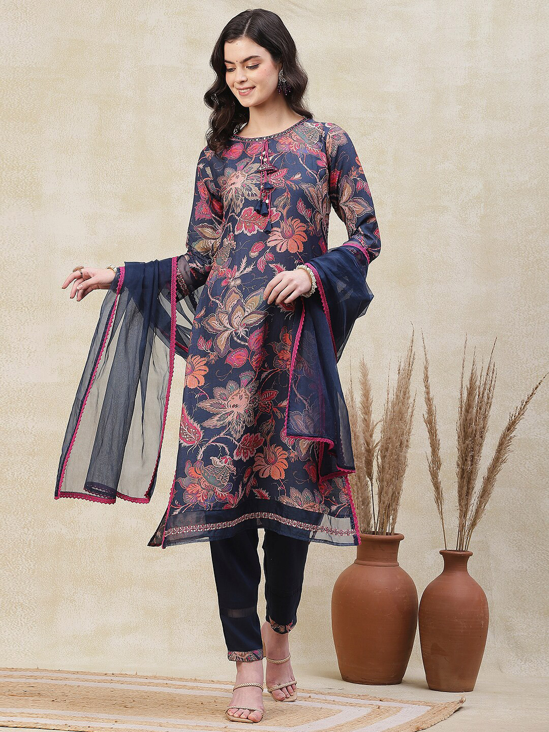 FASHOR Floral Printed Mirror Embroidered Round Neck Straight Kurta With Trousers & Dupatta, Blue
FASHOR Floral Printed Mirror Embroidered Round Neck Straight Kurta With Trousers & Dupatta, Blue