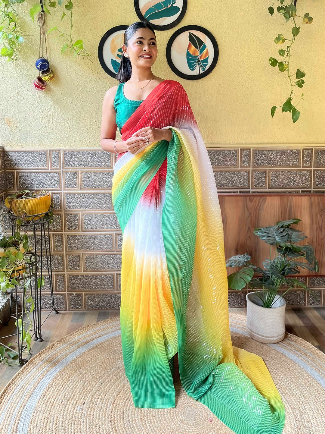 Mitera Green Sequinned Embellished Saree
