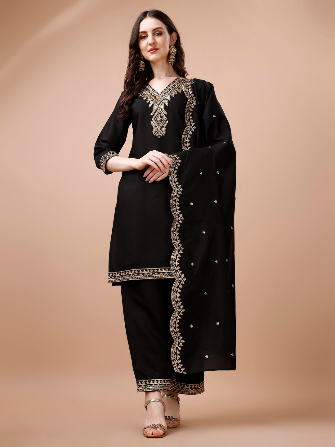 KALINI Embroidered V Neck Three-Quarter Sleeves Kurta with Palazzos & With Dupatta, Black
KALINI Embroidered V Neck Three-Quarter Sleeves Kurta with Palazzos & With Dupatta, Black