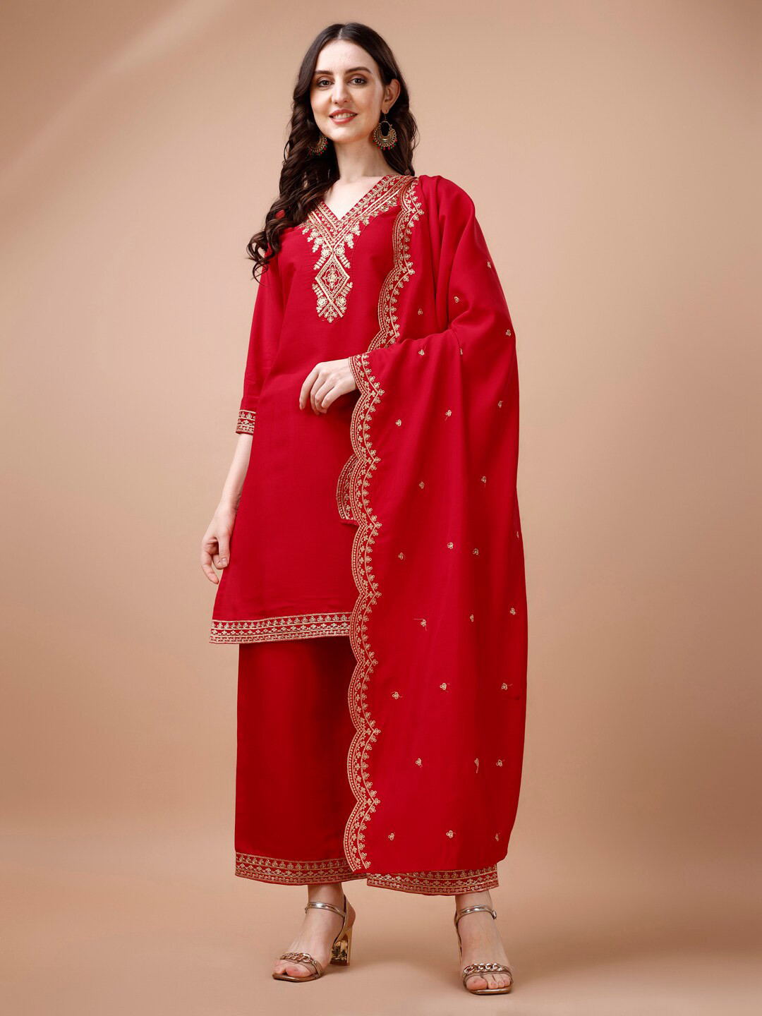 KALINI Embroidered V Neck Three-Quarter Sleeves Kurta with Palazzos & With Dupatta, Red
KALINI Embroidered V Neck Three-Quarter Sleeves Kurta with Palazzos & With Dupatta, Red