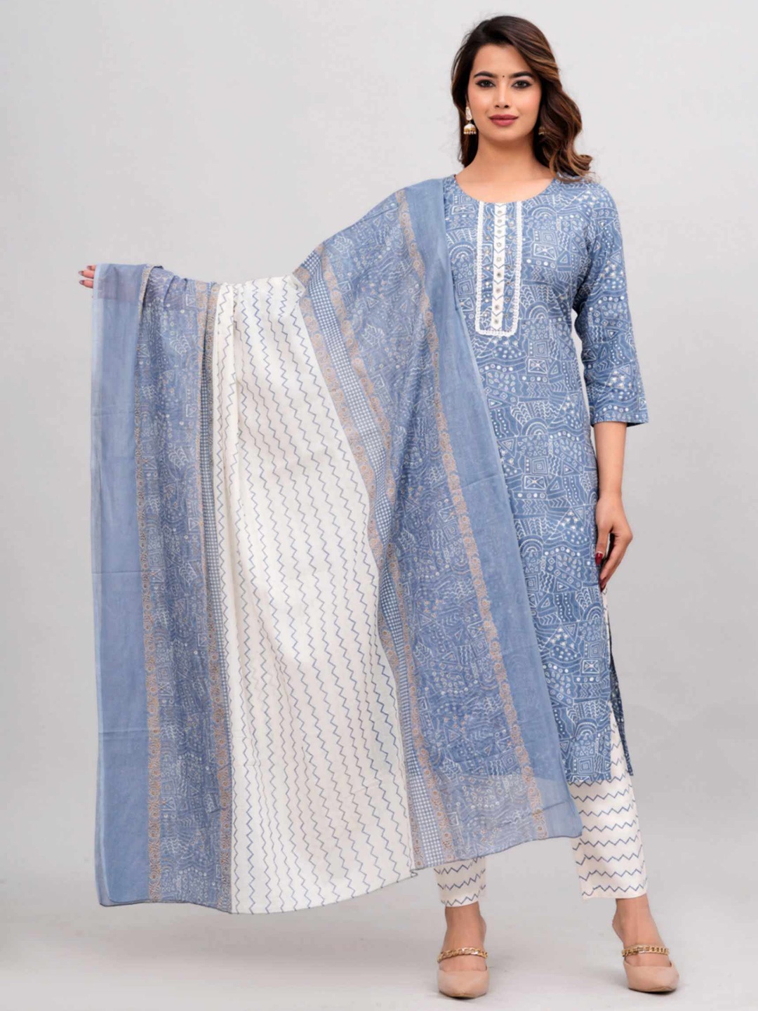 JAIPURI COLLECTION Abstract Printed Cotton Kurta Pant set with Dupatta set, Blue
JAIPURI COLLECTION Abstract Printed Cotton Kurta Pant set with Dupatta set, Blue