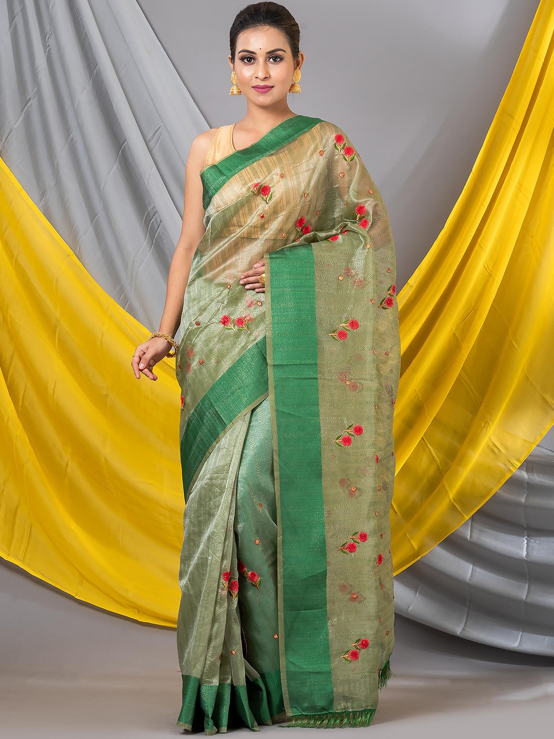 MAHALASA Embellished Embroidered Pure Chiffon Saree, Green