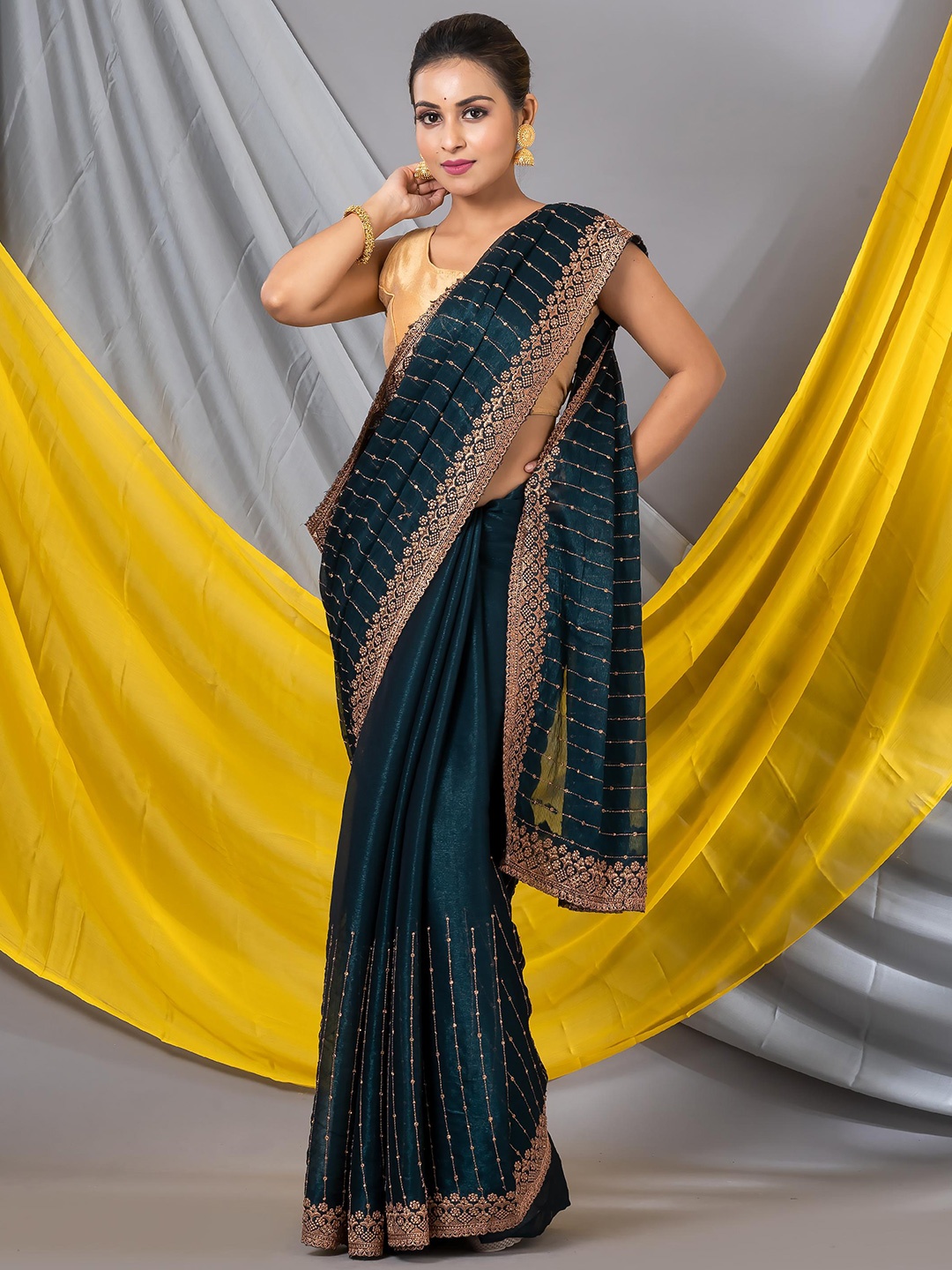 MAHALASA Embellished Embroidered Organza Saree, Teal