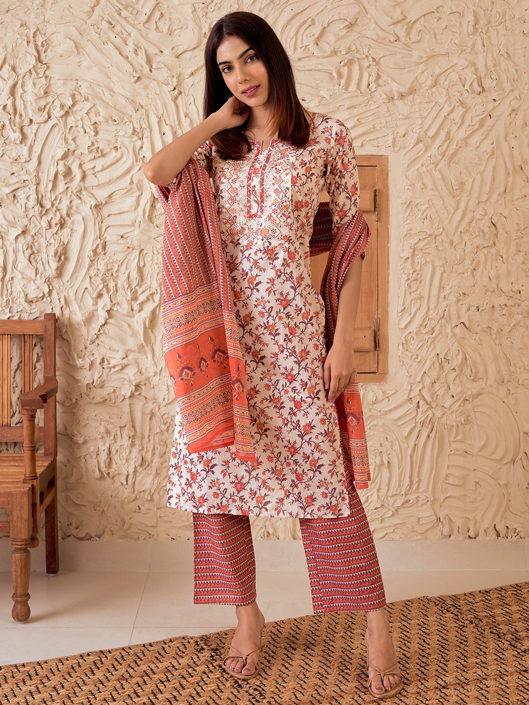 Libas Floral Printed Regular Mirror Work Pure Cotton Kurta with Palazzos & Dupatta, Rust
Libas Floral Printed Regular Mirror Work Pure Cotton Kurta with Palazzos & Dupatta, Rust