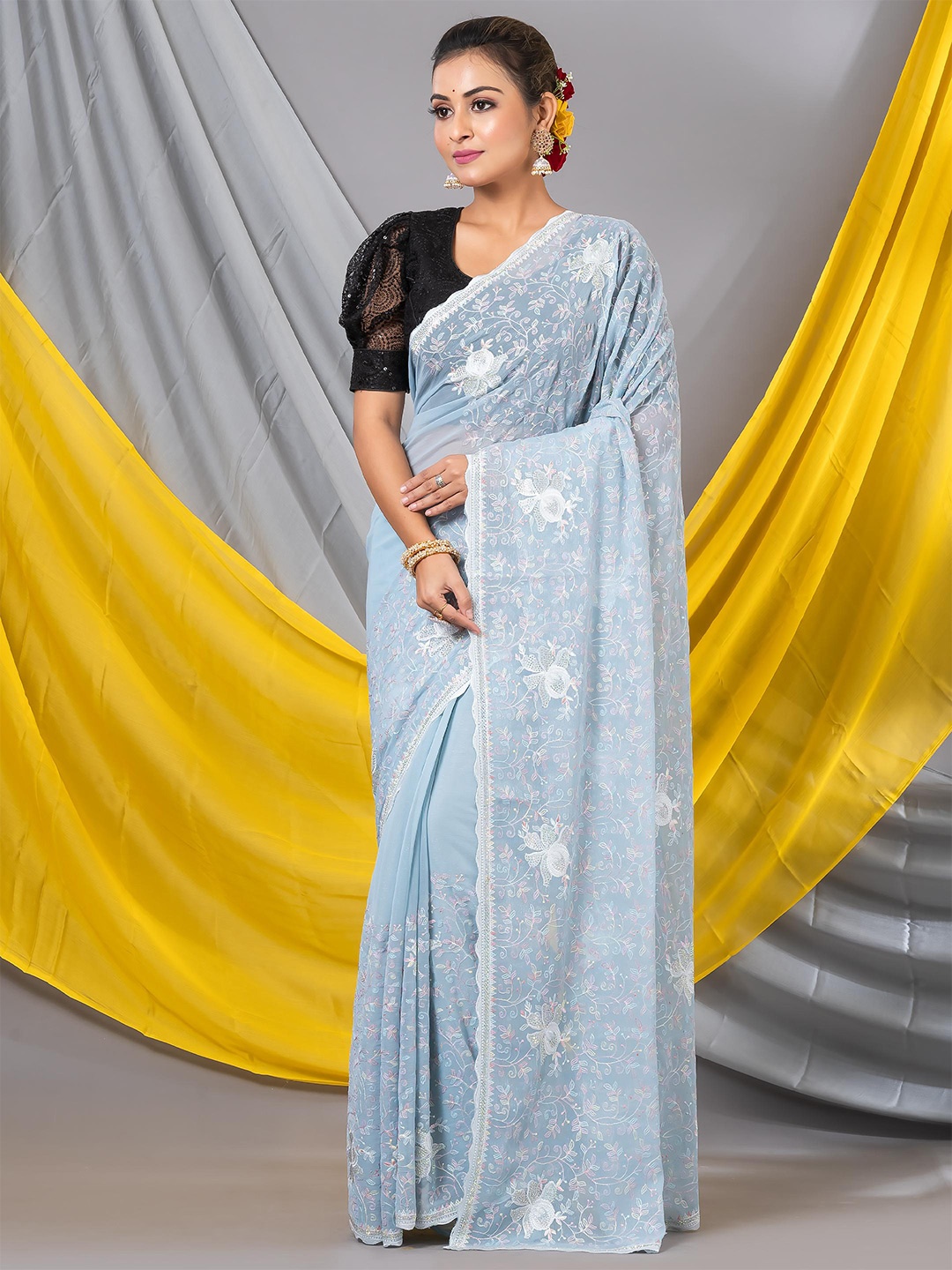 MAHALASA Floral Embroidered Pure Georgette Saree, Blue