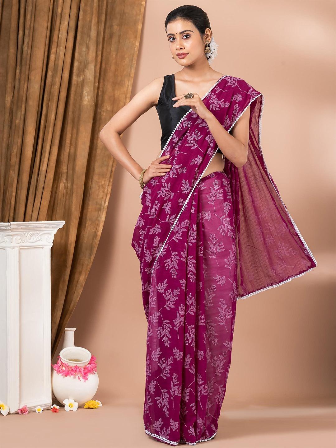 MAHALASA Floral Pure Chiffon Saree, Magenta