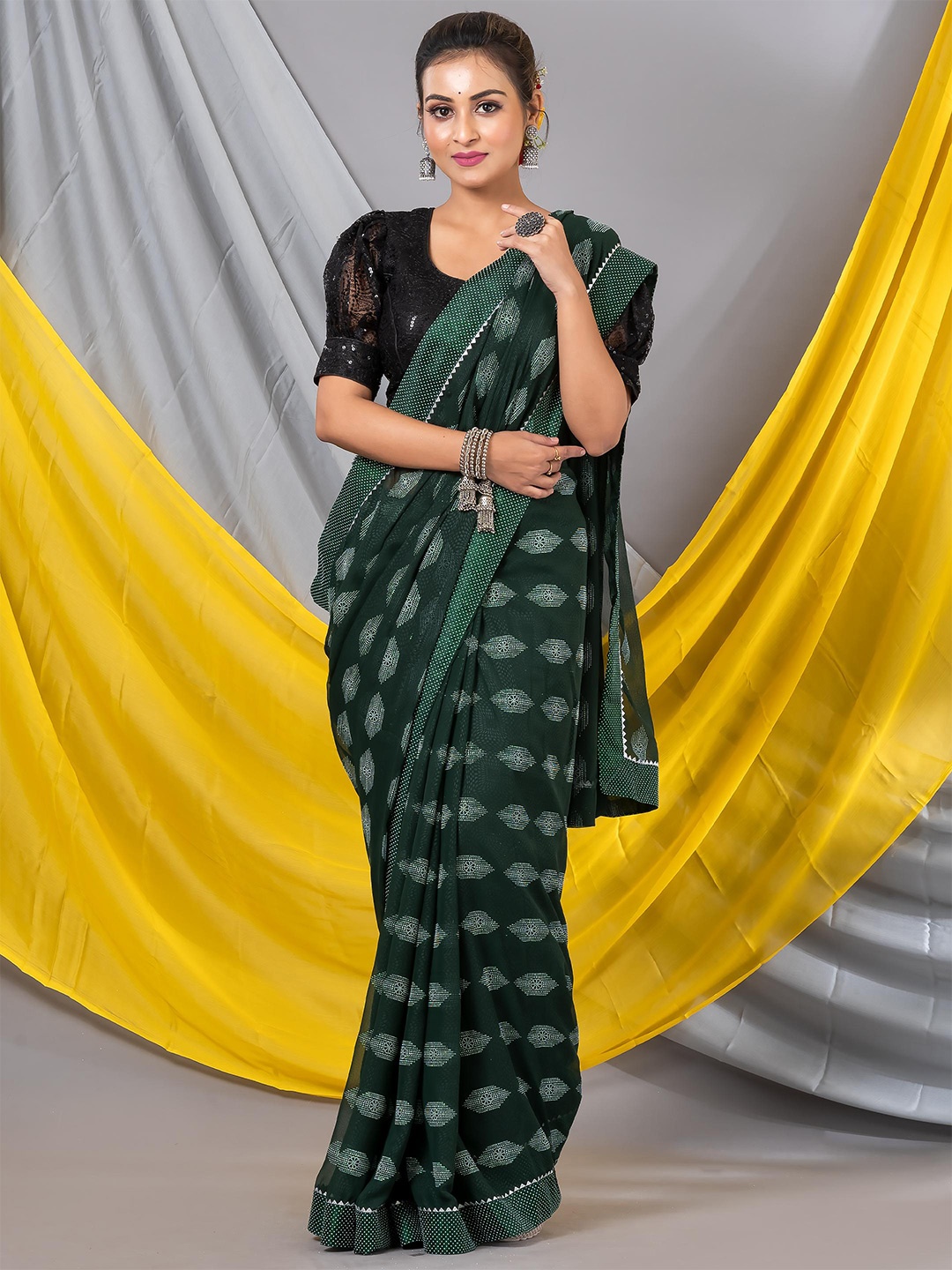 MAHALASA Embroidered Woven Design Pure Georgette Saree, Olive
