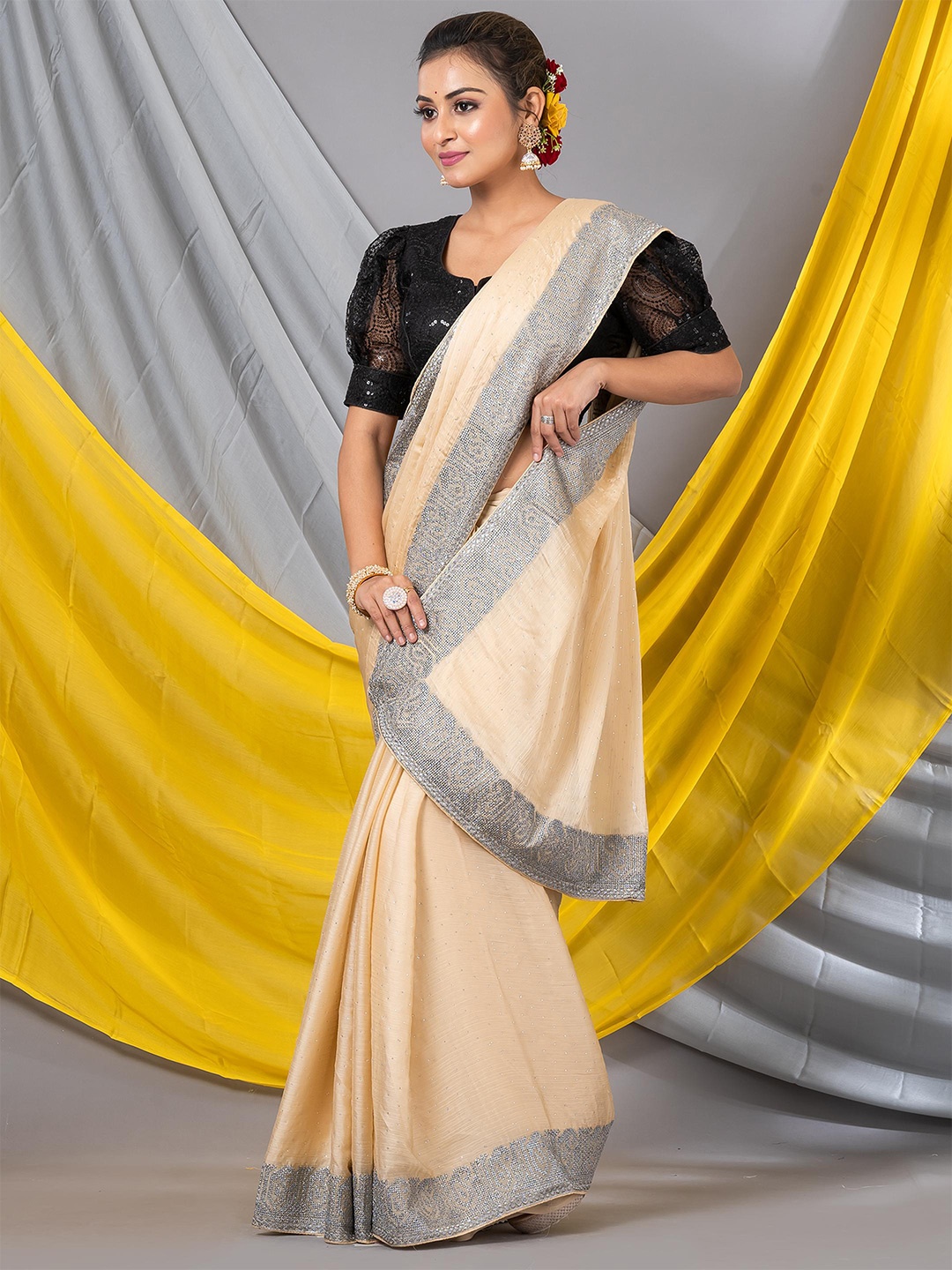 MAHALASA Embroidered Embellished Saree, Cream