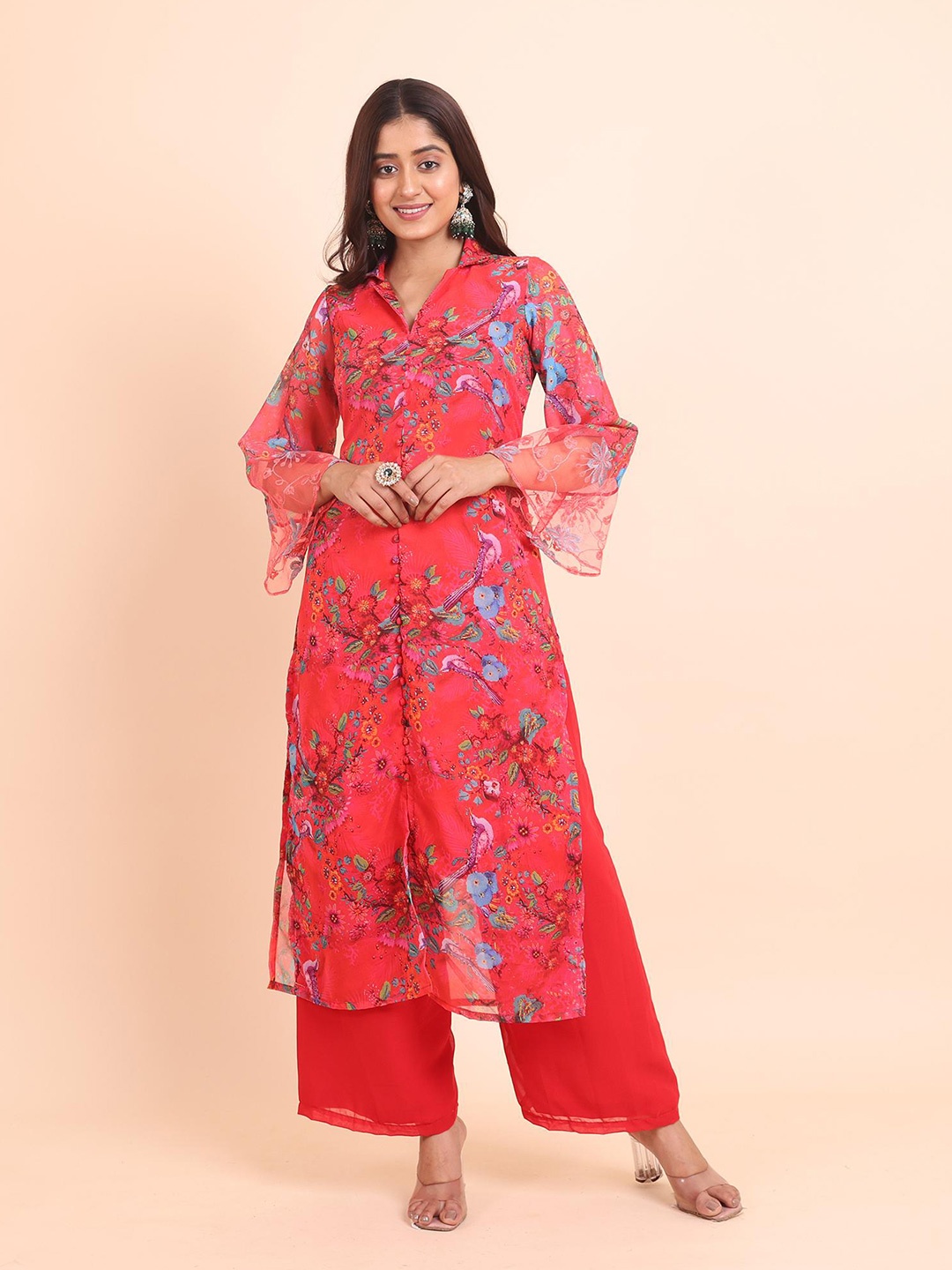 Disli Floral Printed Regular Shirt Collar Bell Sleeves Straight Kurta with Palazzos, Red
Disli Floral Printed Regular Shirt Collar Bell Sleeves Straight Kurta with Palazzos, Red
