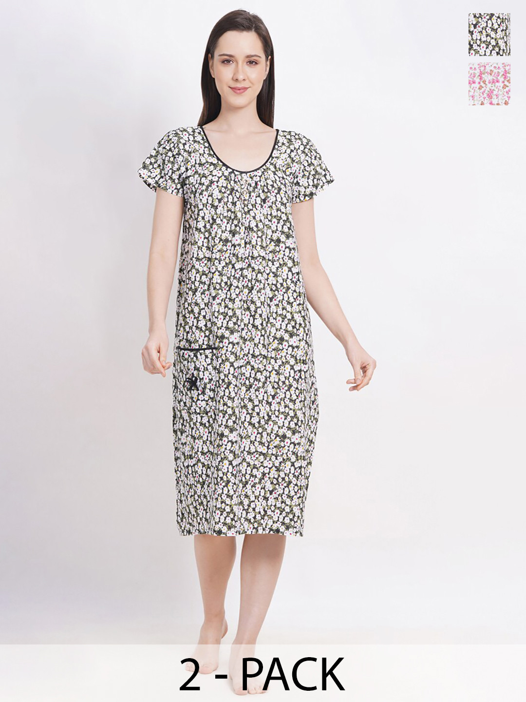 Breezly Pack Of 2 Floral Printed Pure Cotton Nightdress, White 
Breezly Pack Of 2 Floral Printed Pure Cotton Nightdress, White
