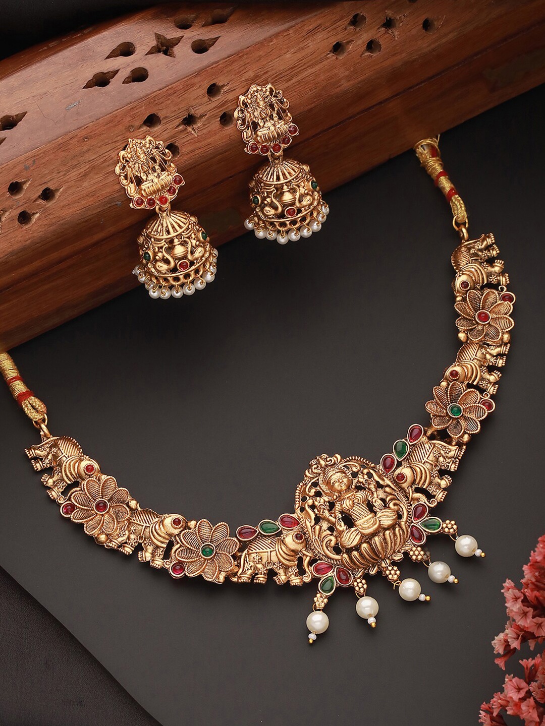 Anouk Gold-Plated Stones Studded & Pearls Beaded Temple Jewellery Set