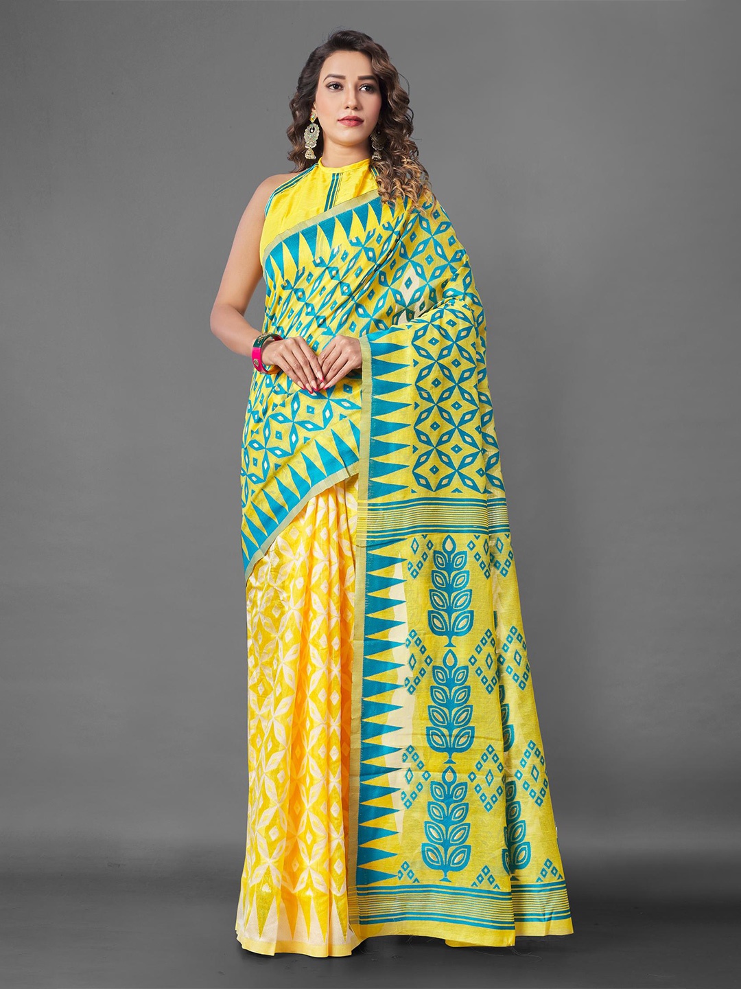 LIMDO Geometric Zari Woven Design Pure Cotton Jamdani Half and Half Saree, Yellow