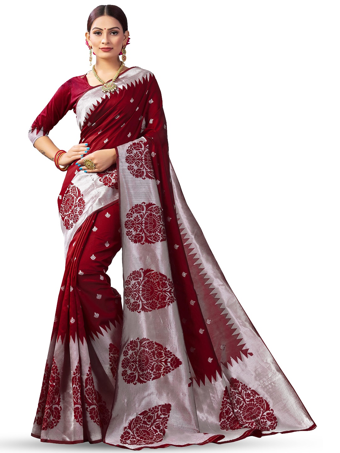 LIMDO Ethnic Motifs Woven Design Pure Silk Banarasi Saree, Maroon
