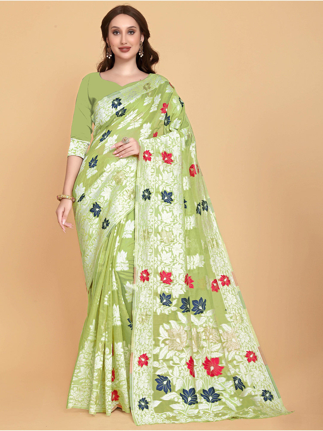 LIMDO Floral Woven Design Zari Pure Cotton Jamdani Saree, Lime green
LIMDO Floral Woven Design Zari Pure Cotton Jamdani Saree, Lime green