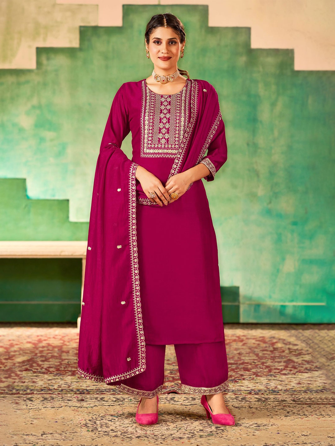 KALINI Embroidered Three-Quarter Sleeves Thread Work Kurta with Palazzos & With Dupatta, Pink
KALINI Embroidered Three-Quarter Sleeves Thread Work Kurta with Palazzos & With Dupatta, Pink