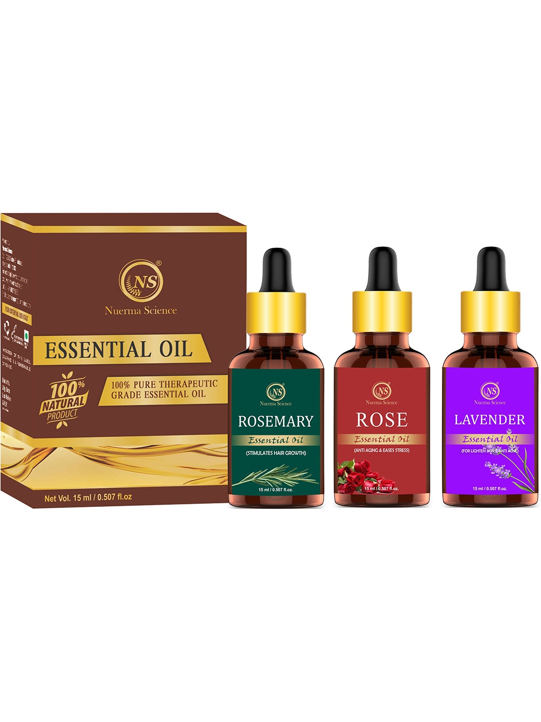 Nuerma Science Set of 3 Essential Oil - Lavender + Rosemary + Rose - 15ml Each, Green
Nuerma Science Set of 3 Essential Oil - Lavender + Rosemary + Rose - 15ml Each, Green