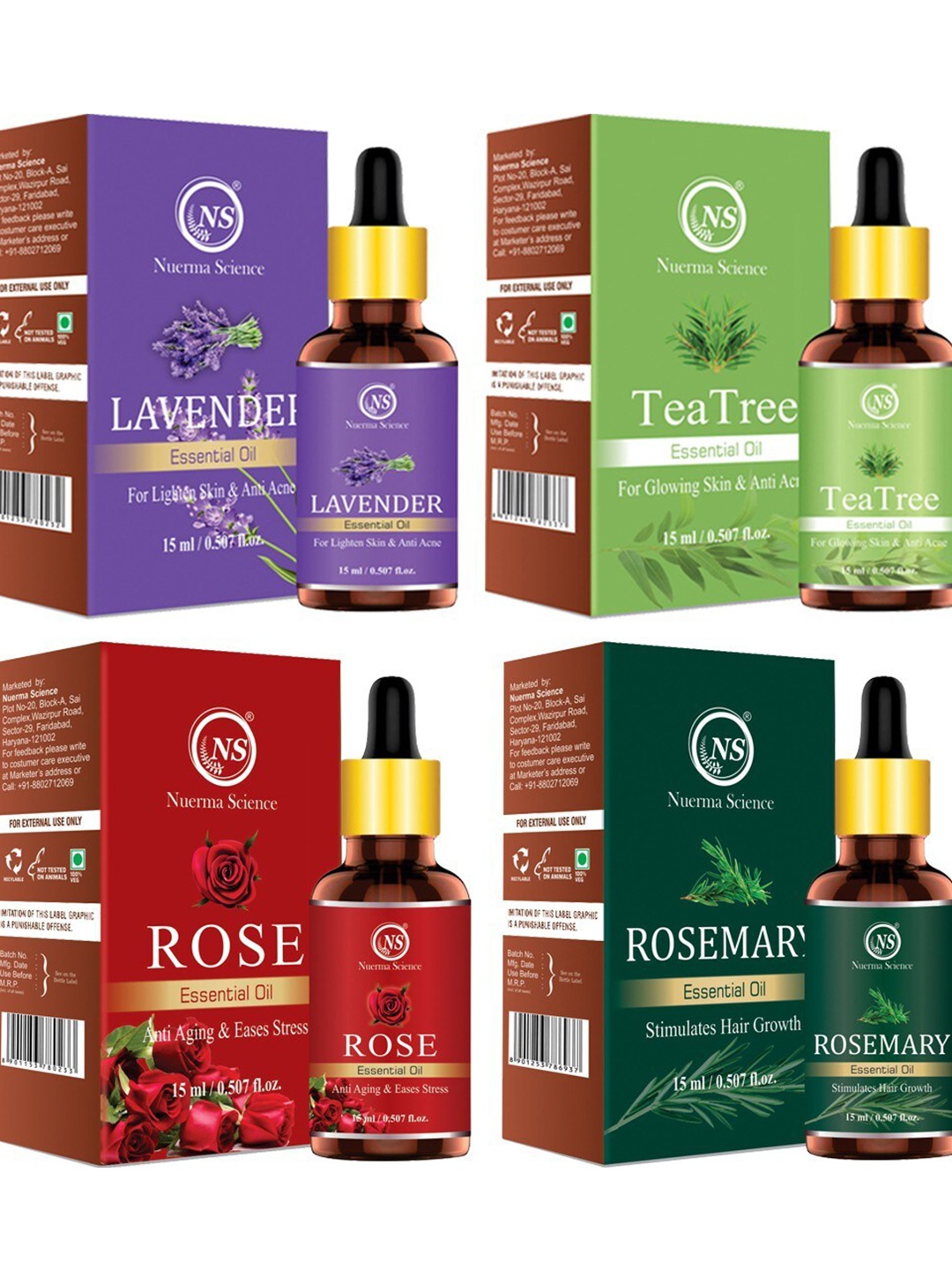 Nuerma Science 4-Pcs Lavender-Tea Tree- Rosemary & Rose Essential Oil - 15ml Each, Na
Nuerma Science 4-Pcs Lavender-Tea Tree- Rosemary & Rose Essential Oil - 15ml Each, Na