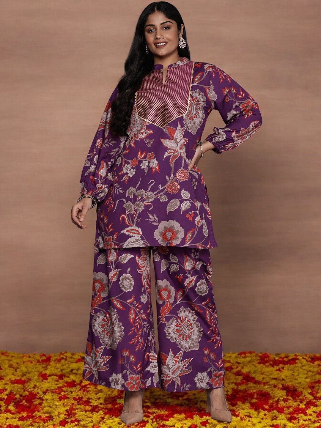 A PLUS BY AHALYAA Plus Size Floral Printed Regular Gotta Patti Kurti with Palazzos, Purple
A PLUS BY AHALYAA Plus Size Floral Printed Regular Gotta Patti Kurti with Palazzos, Purple