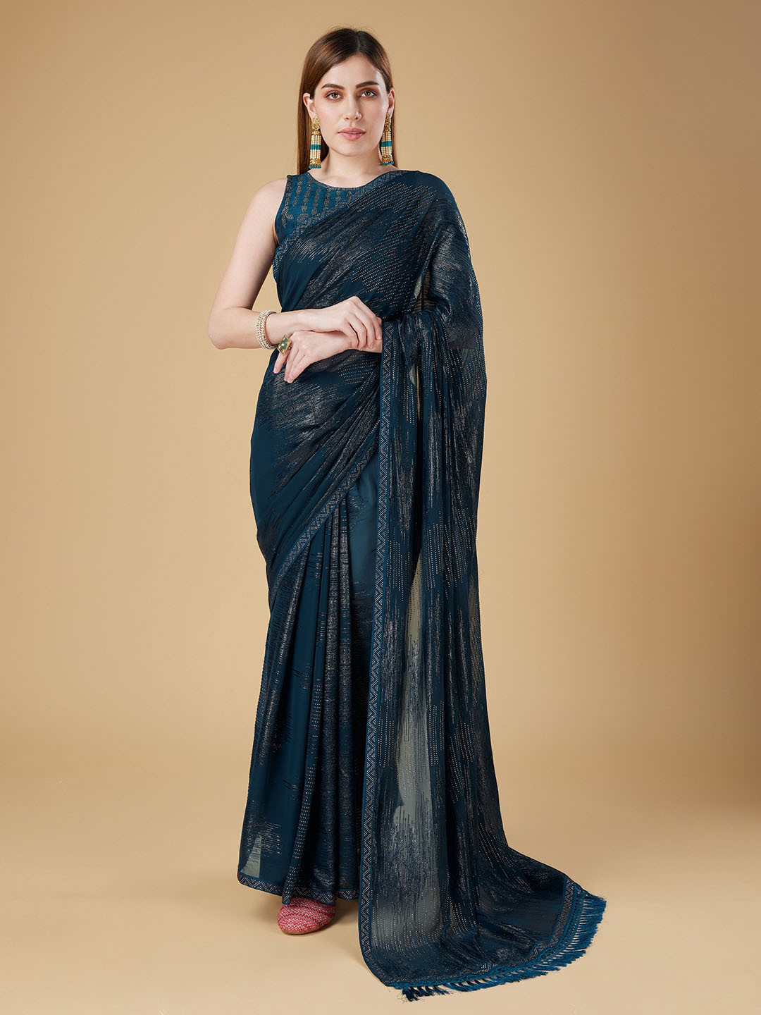 Trendmalls Woven Design Striped Embellished Leheriya Beads and Stones Saree, Teal
Trendmalls Woven Design Striped Embellished Leheriya Beads and Stones Saree, Teal