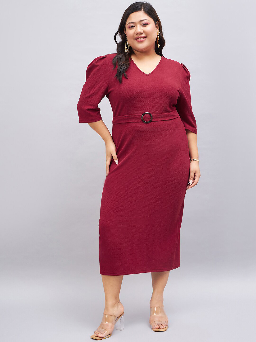 Sztori Plus Size V-Neck Puff Sleeves Sheath Dress, Maroon
Sztori Plus Size V-Neck Puff Sleeves Sheath Dress, Maroon