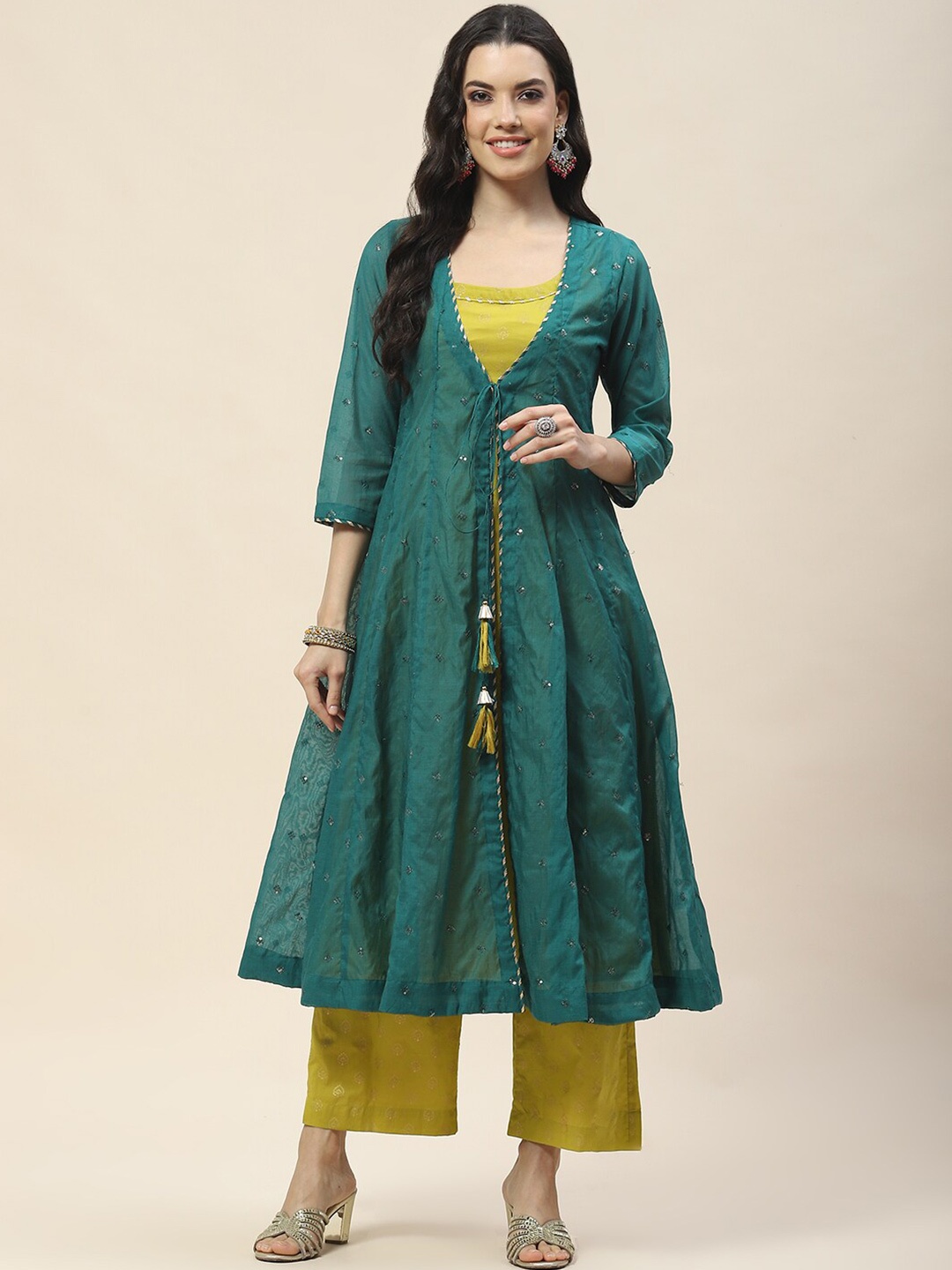 Meena Bazaar Embroidered Layered Beads and Stones Kurta with Trousers & Jacket, Green
Meena Bazaar Embroidered Layered Beads and Stones Kurta with Trousers & Jacket, Green
