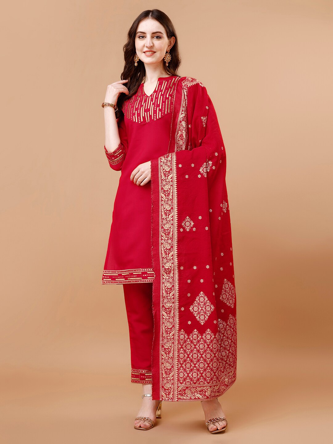 KALINI Ethnic Motifs Embroidered Notched Round Neck Straight Kurta with Palazzos & Dupatta, Red
KALINI Ethnic Motifs Embroidered Notched Round Neck Straight Kurta with Palazzos & Dupatta, Red