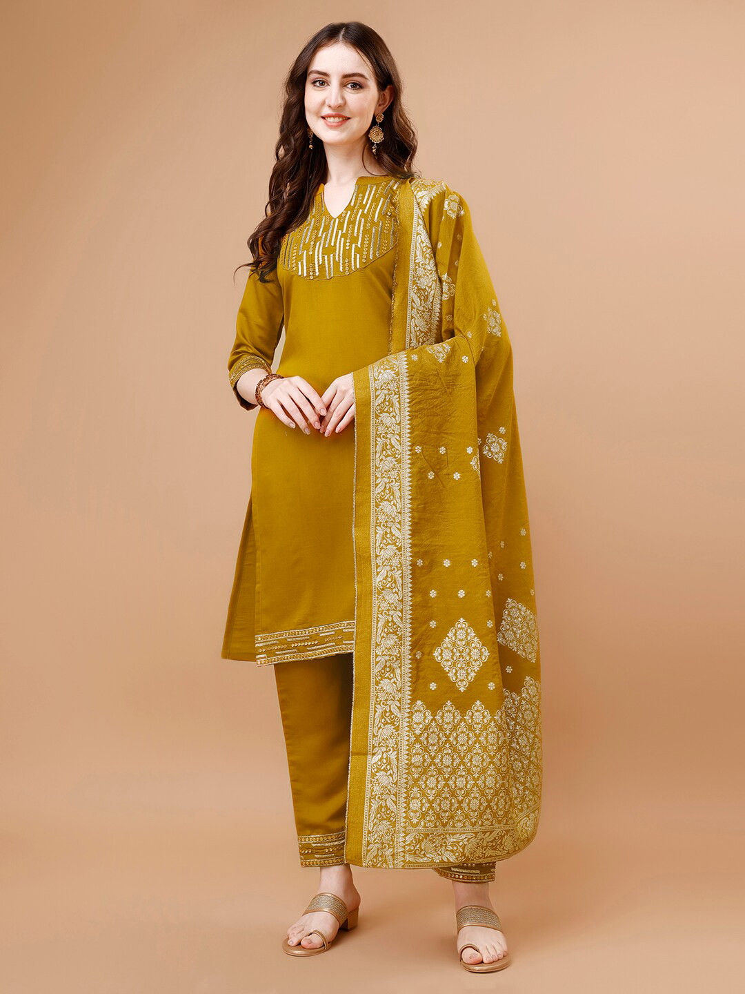 KALINI Ethnic Motifs Embroidered Notched Round Neck Straight Kurta with Palazzos & Dupatta, Yellow
KALINI Ethnic Motifs Embroidered Notched Round Neck Straight Kurta with Palazzos & Dupatta, Yellow