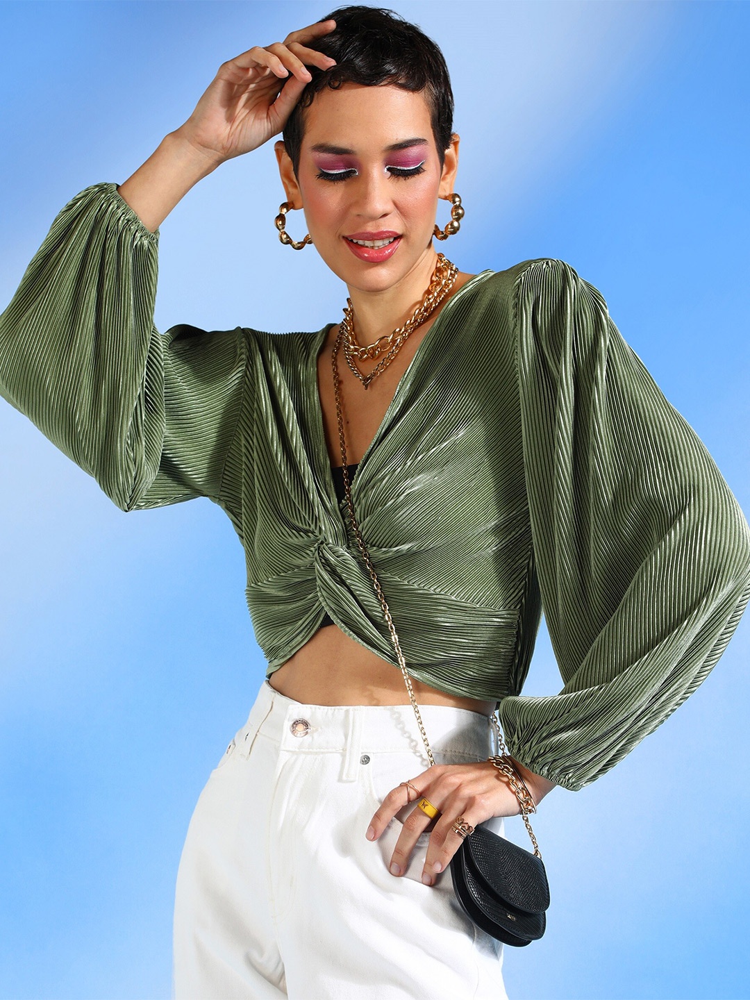 SHECZZAR Green Twisted Crop Top