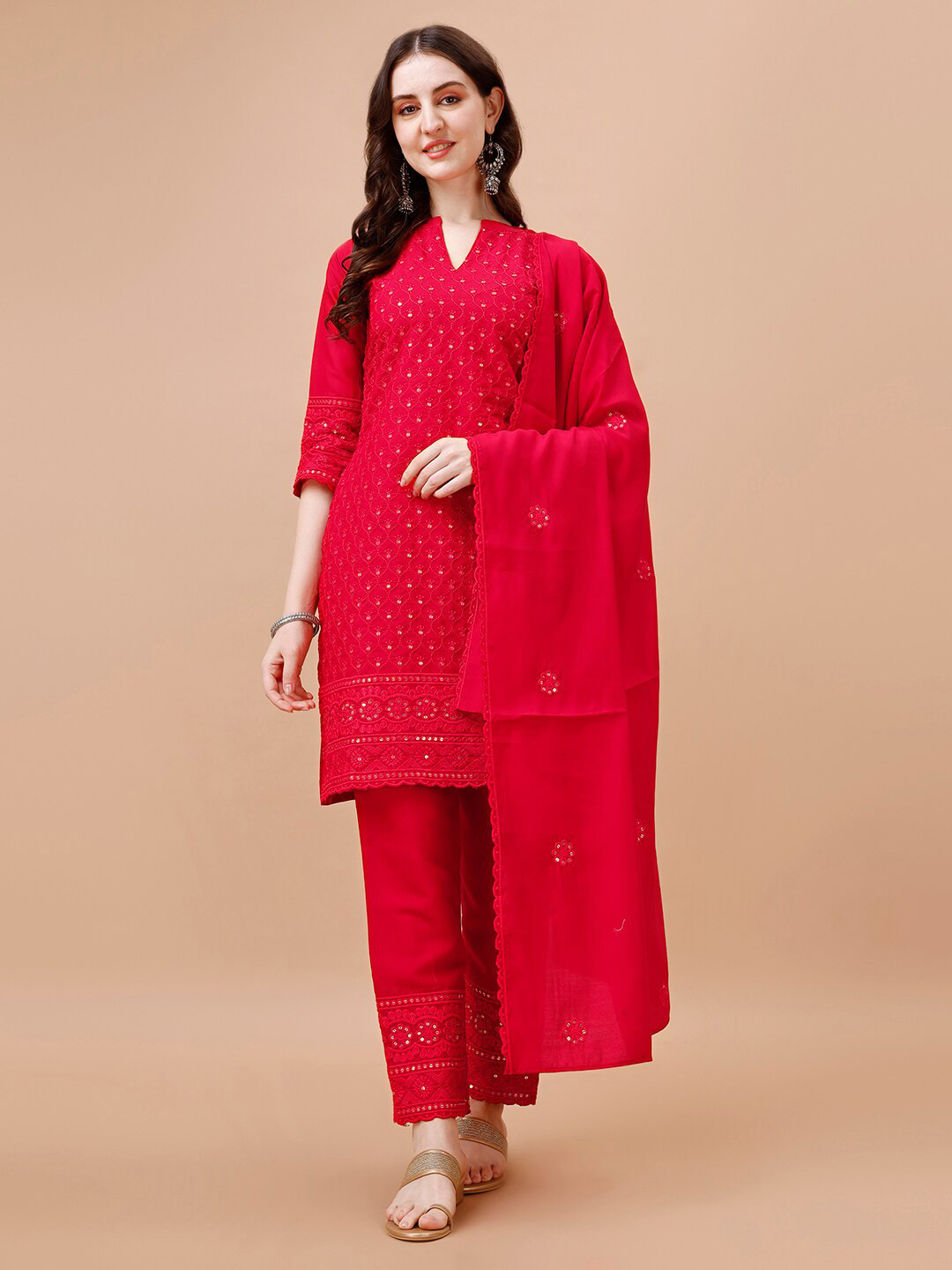 KALINI Ethnic Motifs Embroidered Mandarin Collar Straight Kurta with Palazzos & Dupatta, Red
KALINI Ethnic Motifs Embroidered Mandarin Collar Straight Kurta with Palazzos & Dupatta, Red
