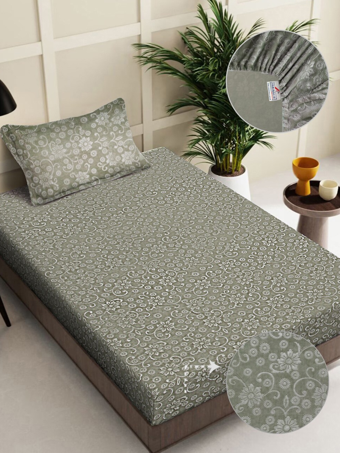 FABINALIV Taupe Floral 300 TC Embossed Fitted Single Bedsheet with 1 Pillow Covers
FABINALIV Taupe Floral 300 TC Embossed Fitted Single Bedsheet with 1 Pillow Covers