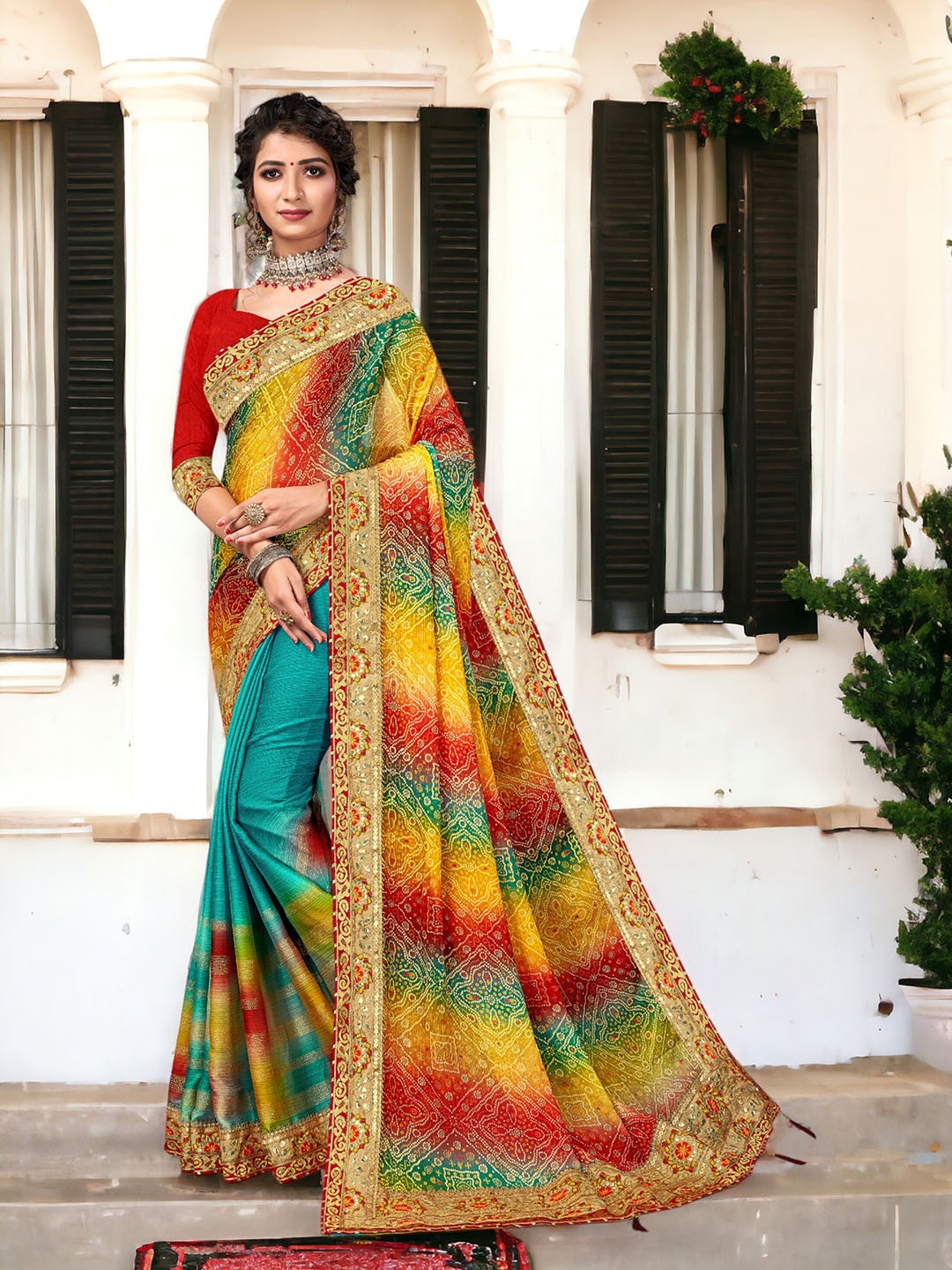 DIVASTRI Bandhani Printed Embroidered Pure Georgette Heavy Lace Border Saree, Turquoise blue
DIVASTRI Bandhani Printed Embroidered Pure Georgette Heavy Lace Border Saree, Turquoise blue
