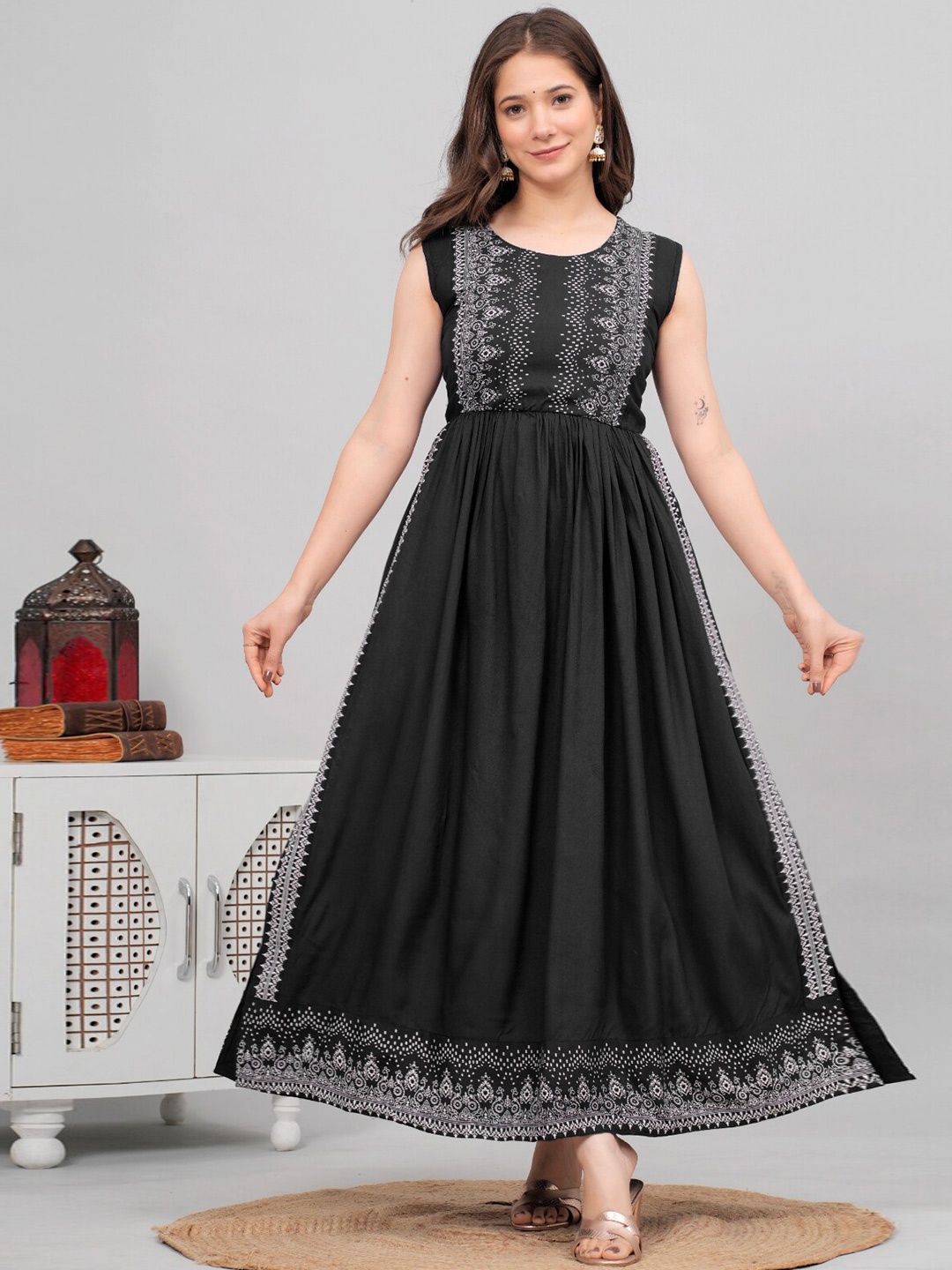 KALINI Printed Regular Kurta with Trousers, Black