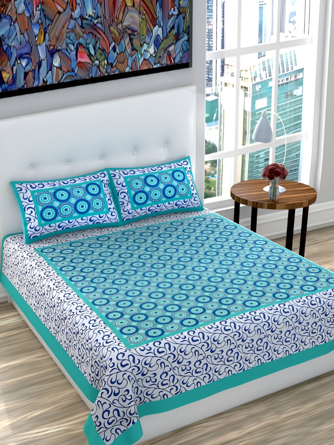 UBANIA COLLECTION Turquoise Blue Printed Cotton 120 TC Queen Bedsheet with 2 Pillow Covers
UBANIA COLLECTION Turquoise Blue Printed Cotton 120 TC Queen Bedsheet with 2 Pillow Covers