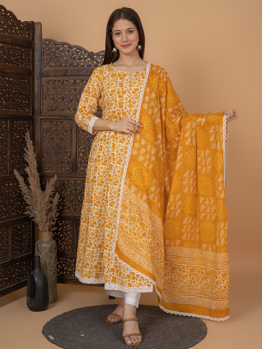 MEERA FAB Floral Printe Pure Cotton Anarkali Kurta With Palazzo & Dupatta, Mustard
MEERA FAB Floral Printe Pure Cotton Anarkali Kurta With Palazzo & Dupatta, Mustard