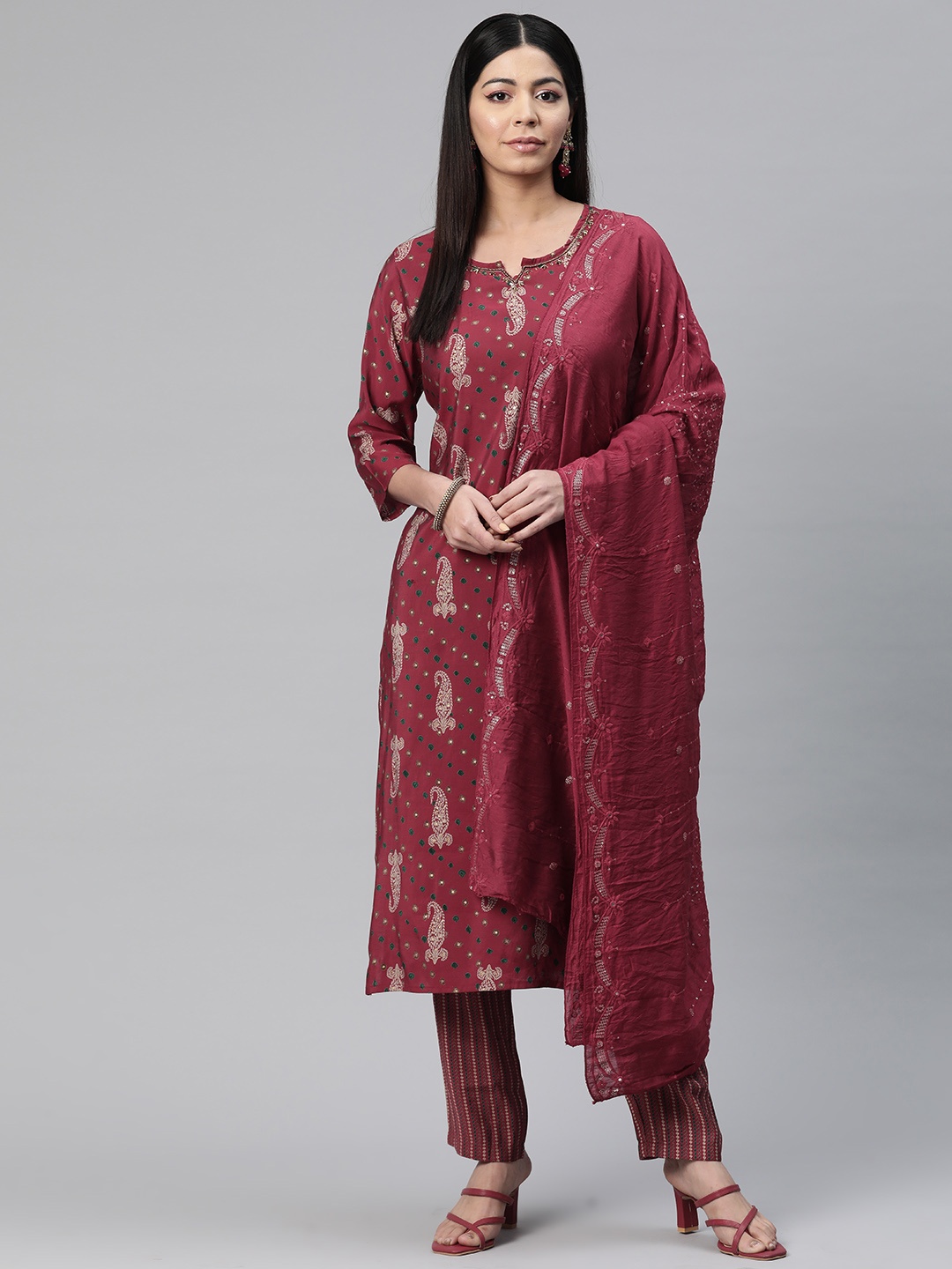Readiprint Paisley Printed Beads & Stones Pure Silk Kurta with Trousers & Dupatta, Red
Readiprint Paisley Printed Beads & Stones Pure Silk Kurta with Trousers & Dupatta, Red