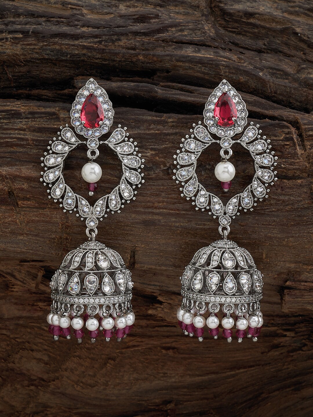 Kushal's Fashion Jewellery Rhodium Plated Cubic Zirconia Dome Shaped Jhumkas, Red
Kushal's Fashion Jewellery Rhodium Plated Cubic Zirconia Dome Shaped Jhumkas, Red