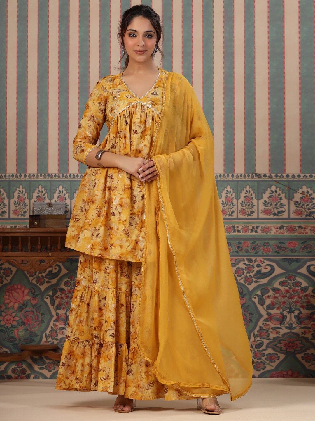 Readiprint Floral Printed V-Neck Empire A-Line Kurta With Sharara & Dupatta, Mustard
Readiprint Floral Printed V-Neck Empire A-Line Kurta With Sharara & Dupatta, Mustard