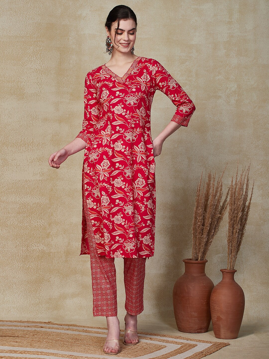FASHOR Floral Printed V-Neck Calf Length Mirror Work Pure Cotton Kurta &Trousers, Pink
FASHOR Floral Printed V-Neck Calf Length Mirror Work Pure Cotton Kurta &Trousers, Pink