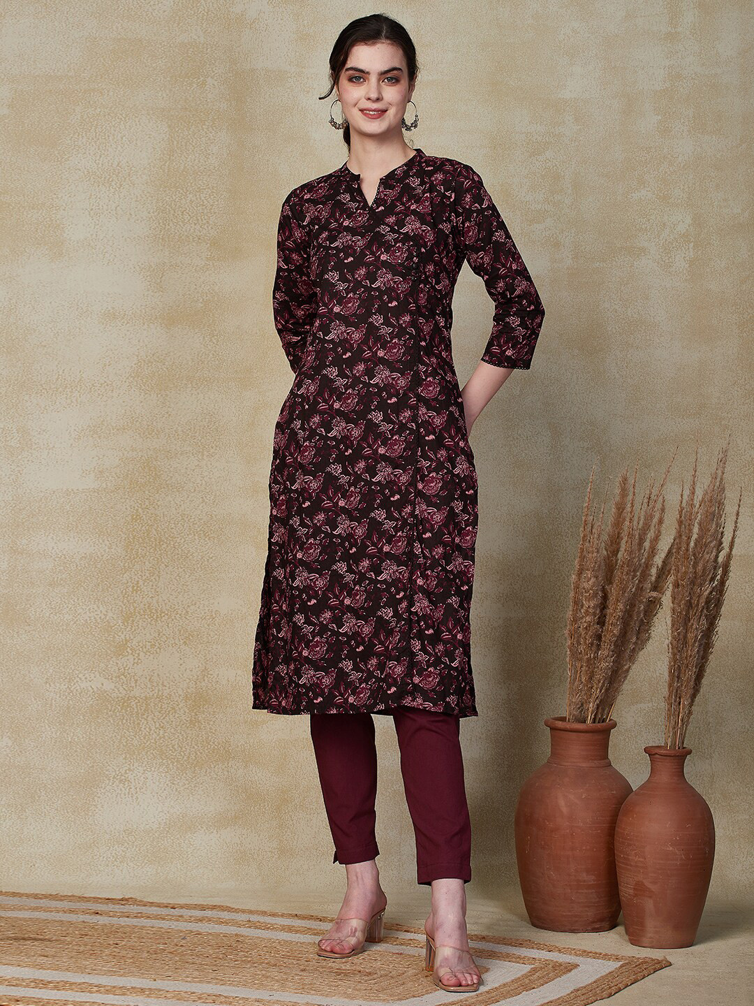 FASHOR Floral Printed Mirror Work Cotton Angrakha Style Kurta, Burgundy
FASHOR Floral Printed Mirror Work Cotton Angrakha Style Kurta, Burgundy