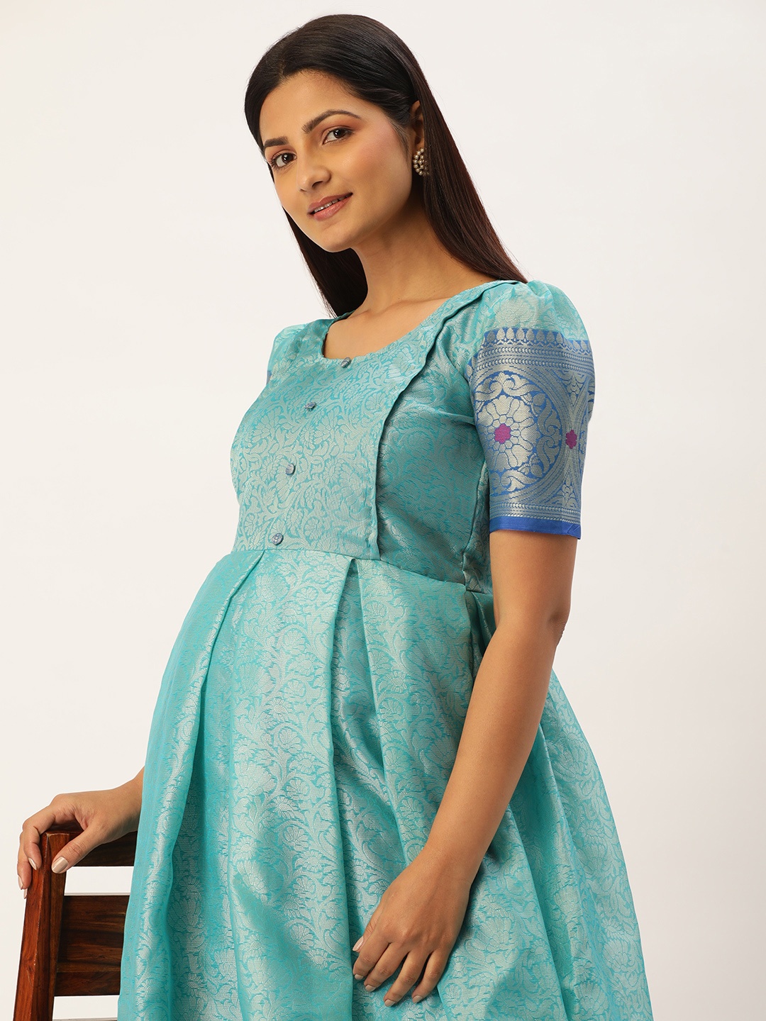 Vinya Ethnic Motifs Woven Design Puff Sleeve Jacquard Maternity Maxi Dress, Turquoise blue
Vinya Ethnic Motifs Woven Design Puff Sleeve Jacquard Maternity Maxi Dress, Turquoise blue