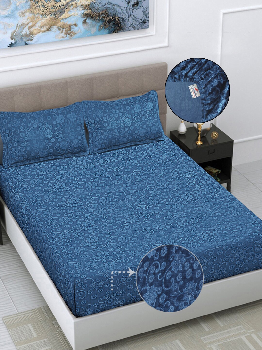 FABINALIV Blue Floral 300 TC Woollen King Size Fitted Double Bedsheet & 2 Pillow Covers
FABINALIV Blue Floral 300 TC Woollen King Size Fitted Double Bedsheet & 2 Pillow Covers