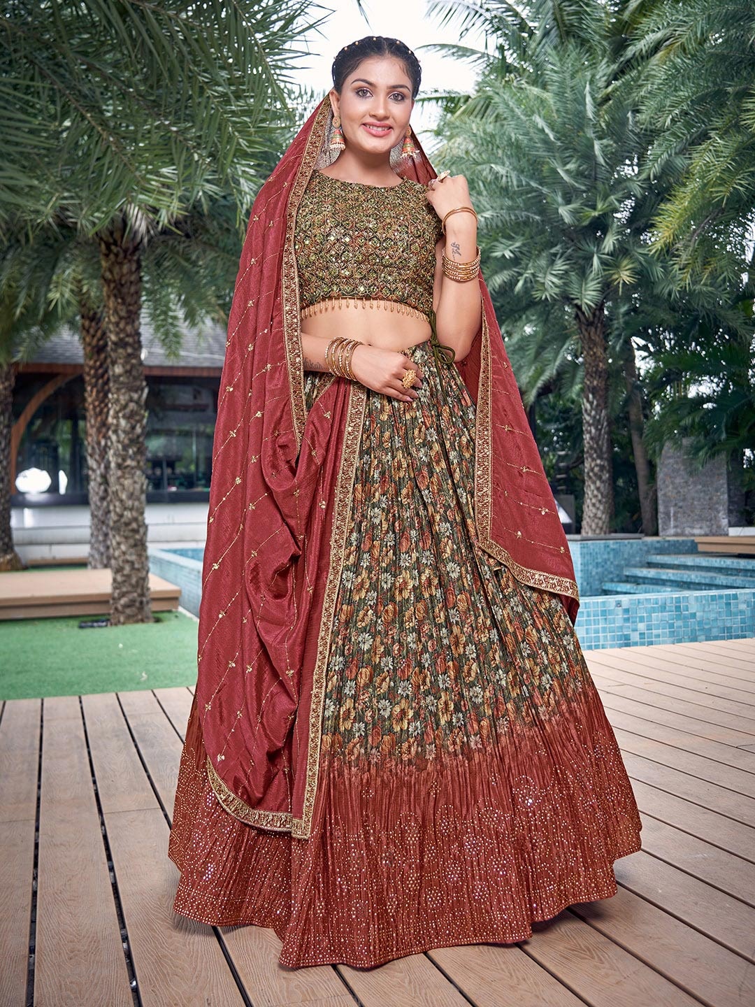 Chandbaali Embellished Mirror Work Detail Ready to Wear Lehenga & Blouse With Dupatta, Green
Chandbaali Embellished Mirror Work Detail Ready to Wear Lehenga & Blouse With Dupatta, Green