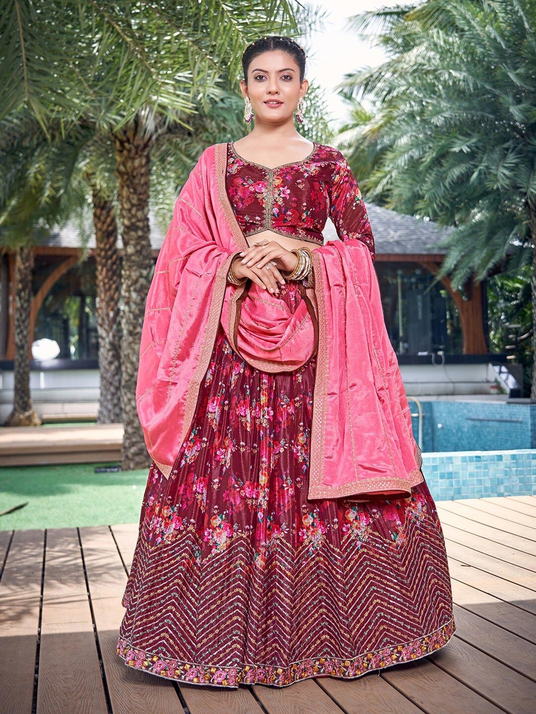 Chandbaali Floral Printed Ready to Wear Lehenga & Blouse With Dupatta, Coffee brown
Chandbaali Floral Printed Ready to Wear Lehenga & Blouse With Dupatta, Coffee brown
