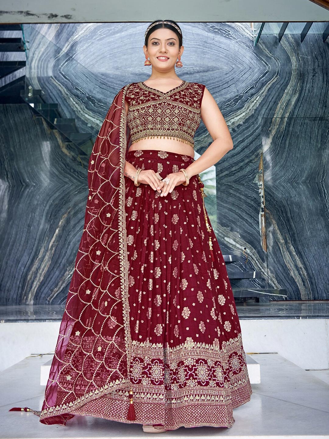 Chandbaali Embroidered Sequined Ready to Wear Lehenga & Blouse With Dupatta, Maroon
Chandbaali Embroidered Sequined Ready to Wear Lehenga & Blouse With Dupatta, Maroon