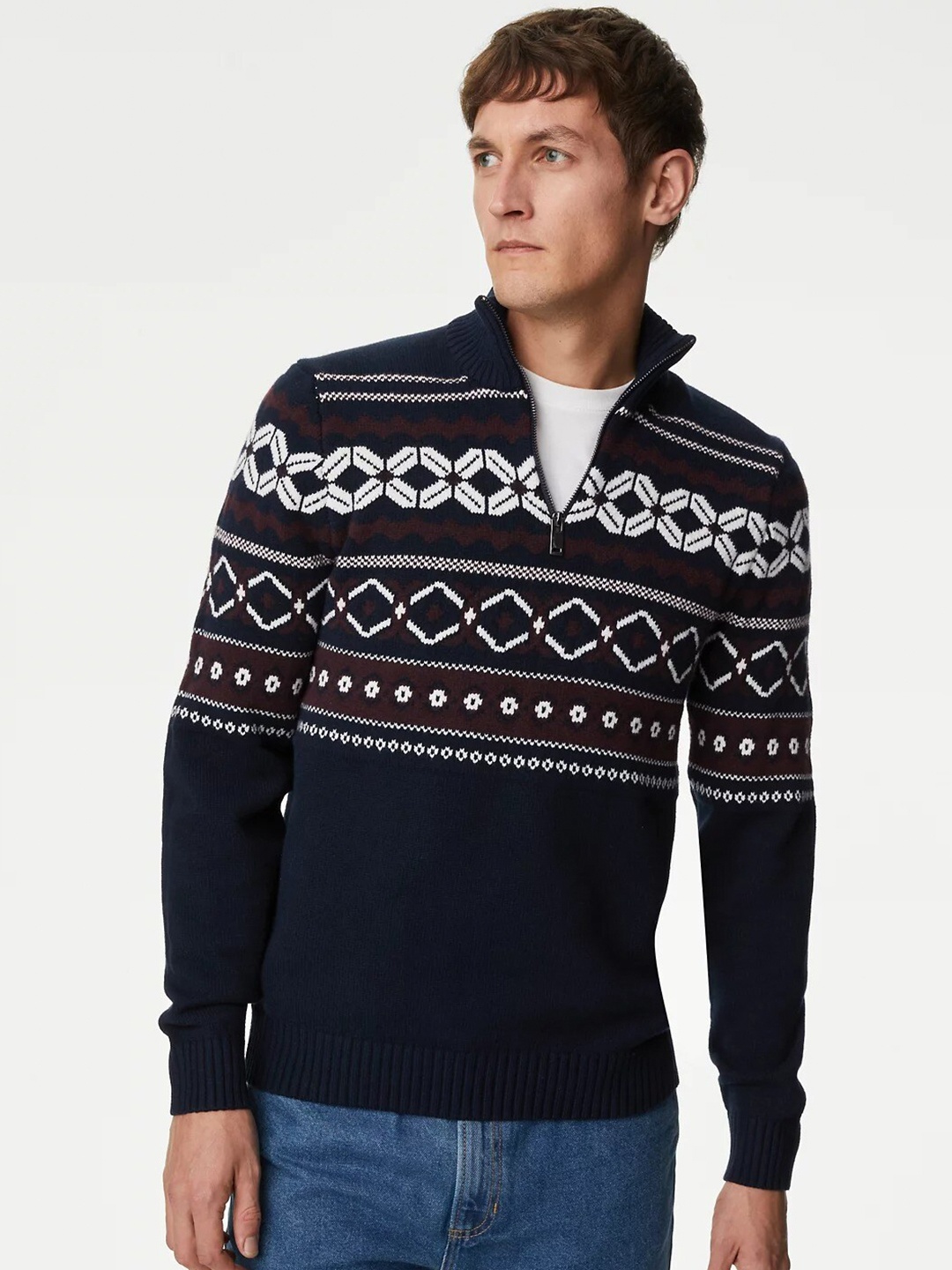 Marks & Spencer Fair Isle Printed Half Zipper Turtle Neck Pullover Sweater, Navy blue
Marks & Spencer Fair Isle Printed Half Zipper Turtle Neck Pullover Sweater, Navy blue